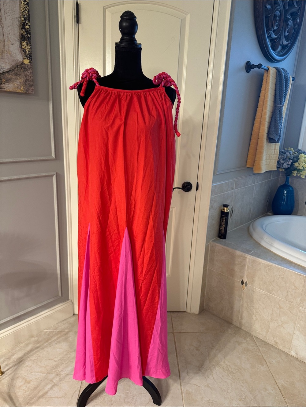 Entro Red and Pink Tie-Shoulder Maxi Dress
